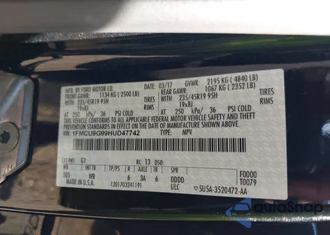 2017 Ford Escape Se из США, поврежденный, VIN 1FMCU9G99HUD47742